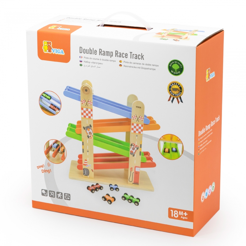 VIGA Drewniana Podwójna Zjeżdżalnia Dla Samochodzików Tor Wyścigowy - obrazek 9