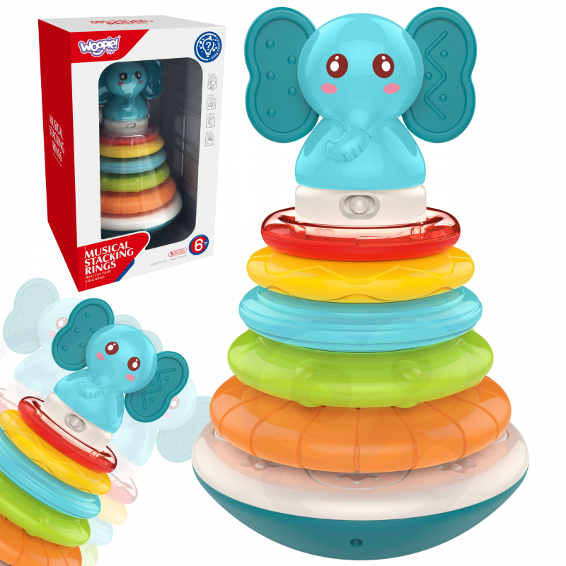 WOOPIE BABY Piramida Wieża Interaktywna Słonik z Obręczami Grzechotka - obrazek 6