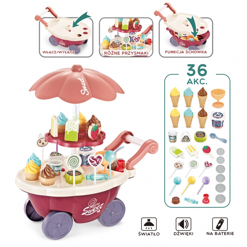 WOOPIE Sklep Food Truck Cukiernia Wózek Stoisko z Lodami Słodyczami Dźwięk Światło + 36 Akc - obrazek 5