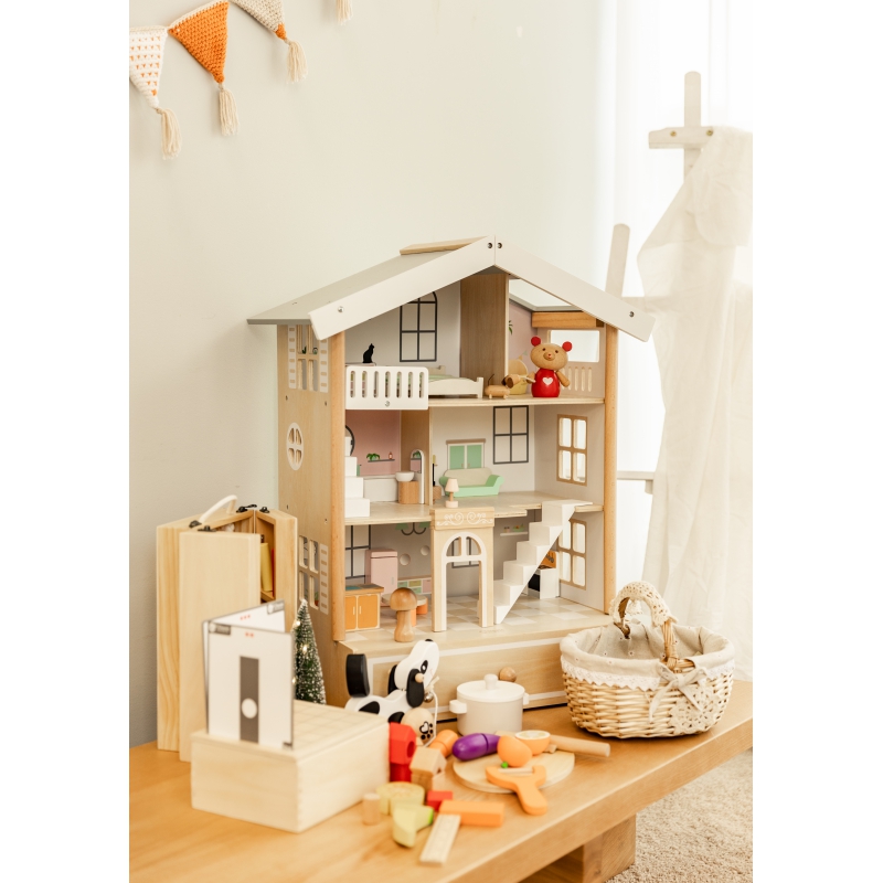 CLASSIC WORLD Duży Drewniany Domek dla Lalek 2 Figurki NATURALNE DREWNO 28 el. - obrazek 2