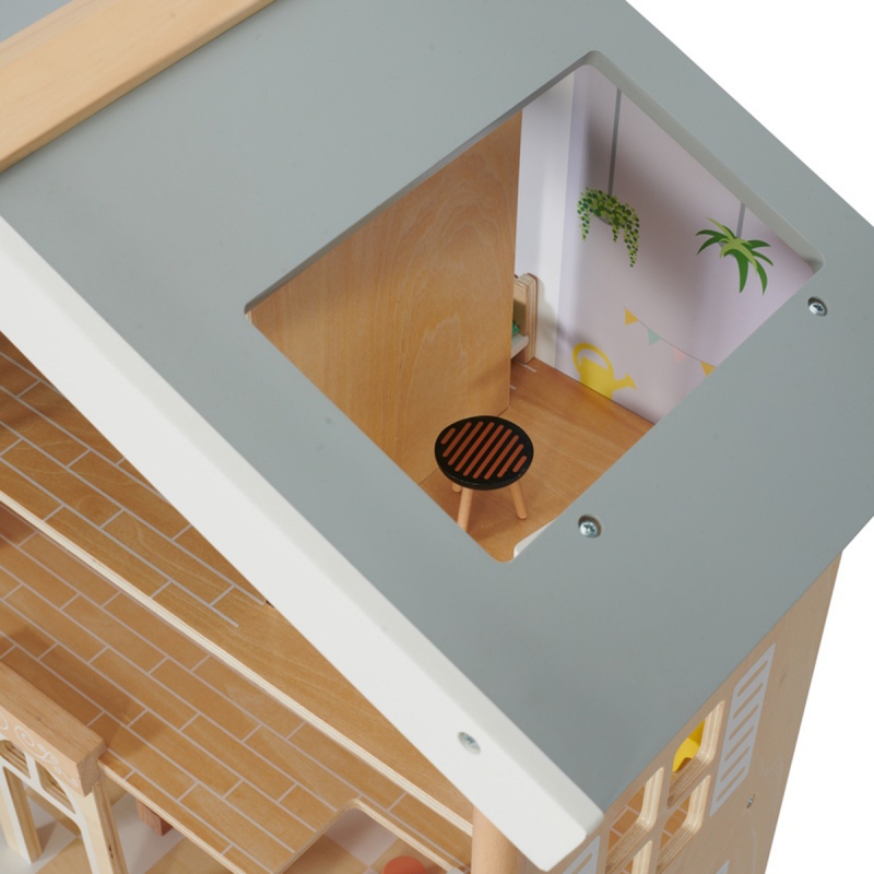 CLASSIC WORLD Duży Drewniany Domek dla Lalek 2 Figurki NATURALNE DREWNO 28 el. - obrazek 6