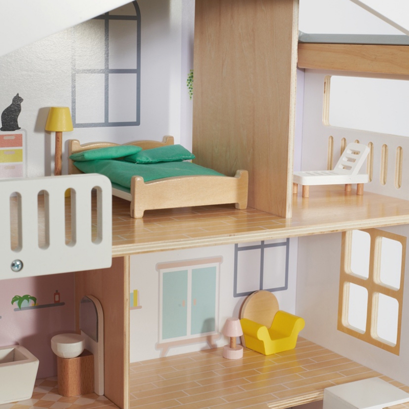 CLASSIC WORLD Duży Drewniany Domek dla Lalek 2 Figurki NATURALNE DREWNO 28 el. - obrazek 7