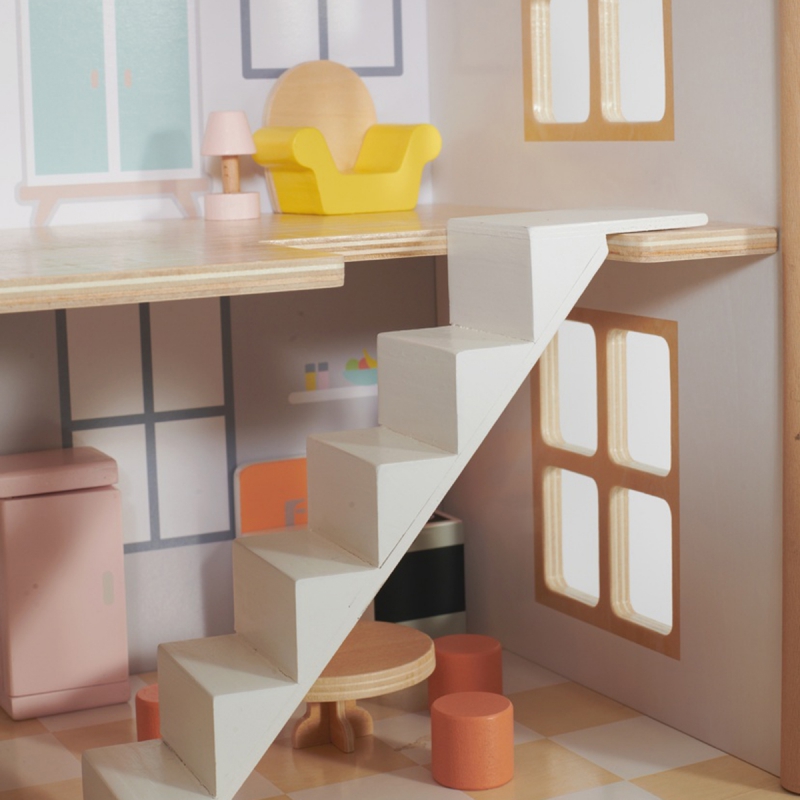 CLASSIC WORLD Duży Drewniany Domek dla Lalek 2 Figurki NATURALNE DREWNO 28 el. - obrazek 9