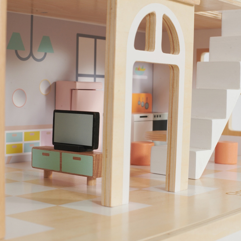 CLASSIC WORLD Duży Drewniany Domek dla Lalek 2 Figurki NATURALNE DREWNO 28 el. - obrazek 11