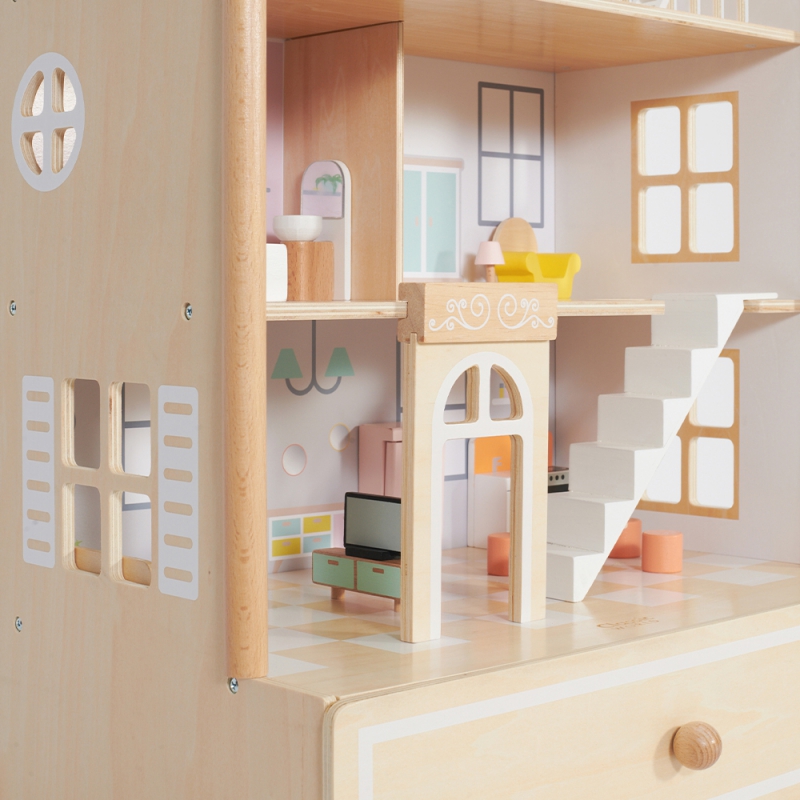 CLASSIC WORLD Duży Drewniany Domek dla Lalek 2 Figurki NATURALNE DREWNO 28 el. - obrazek 13