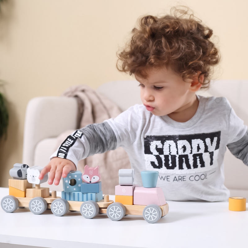 VIGA PolarB Drewniana Kolejka z Wagonikami i Zwierzątkami Do Układania Montessori - obrazek 2