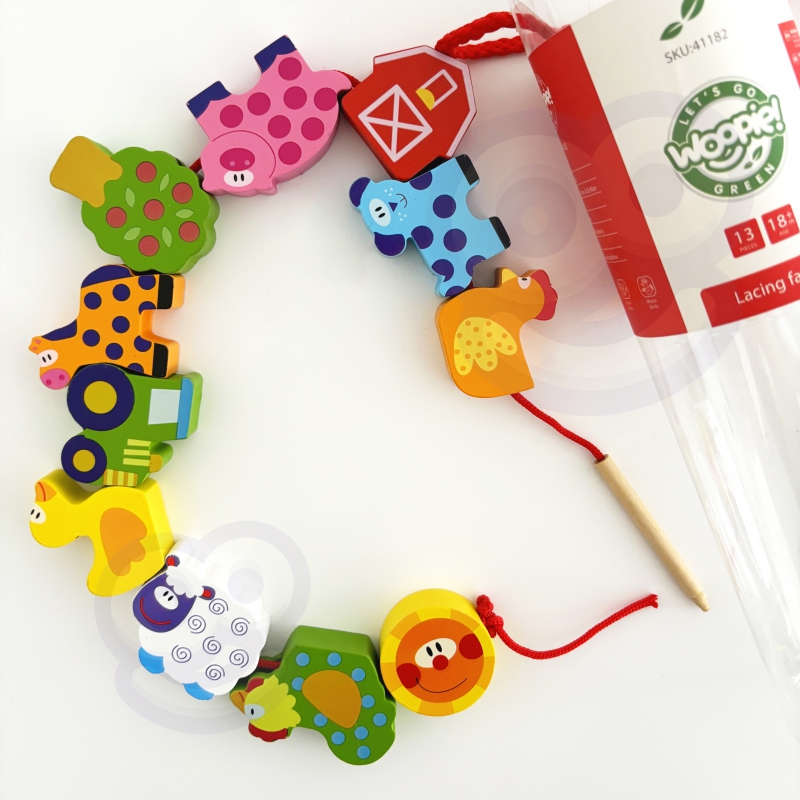 WOOPIE GREEN Drewniane Klocki do Nawlekania Zwierzęta Farma 13 el. - obrazek 4