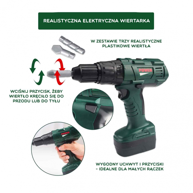 WOOPIE Duża Skrzynka z Narzędziami dla Dzieci Zestaw Majsterkowicza Wkrętarko-Wiertarka 15 el. - obrazek 6