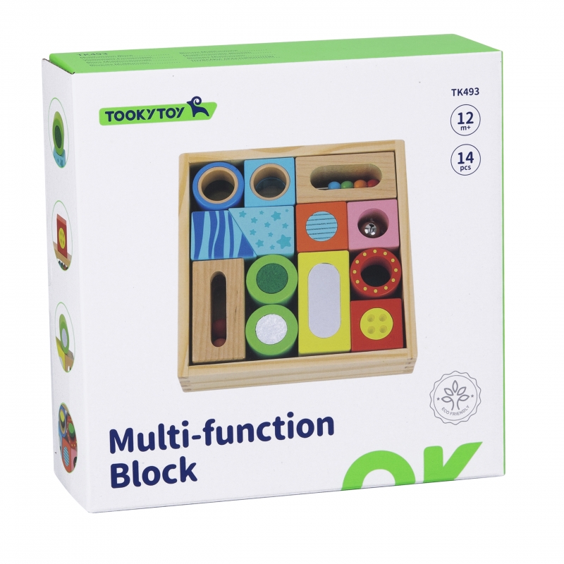 TOOKY TOY Drewniane Pudełko Klocki Sensoryczne Układanka Multifunkcyjna Kształty Dźwięk Dotyk 12 el. - obrazek 6