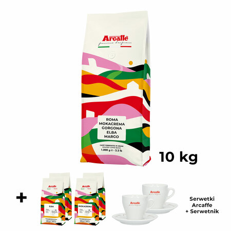 Arcaffe - zestaw 10 x 1 kg kawy + 2 filiżanki Cappuccino + Serwetnik + Serwetki