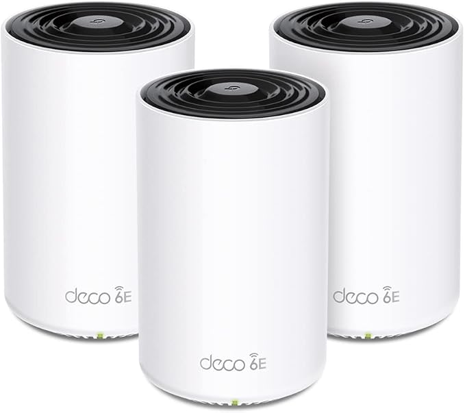 TP-Link Deco XE75 (3 szt.) – System Mesh Wi-Fi 6E AXE5400, trzy pasma, 6GHz, Mesh AI, port 2.5G, zasięg do 670m² – do domu inteligentnego i streamingu 8K