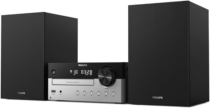 PHILIPS Micro Music System z Bluetooth (system HiFi, radio FM, USB, CD, MP3-CD, Audio-In, port USB do ładowania, głośniki Bass-Reflex, cyfrowe sterowanie dźwiękiem) – model 2020/2021, TAM4205/12