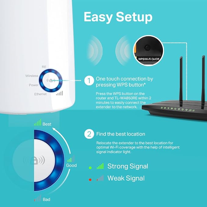 TP-Link TL-WA850RE – Wzmacniacz sygnału Wi-Fi N300, 2.4GHz, przycisk WPS, port Ethernet, wskaźnik sygnału – rozszerza zasięg Wi-Fi w domu - obrazek 5