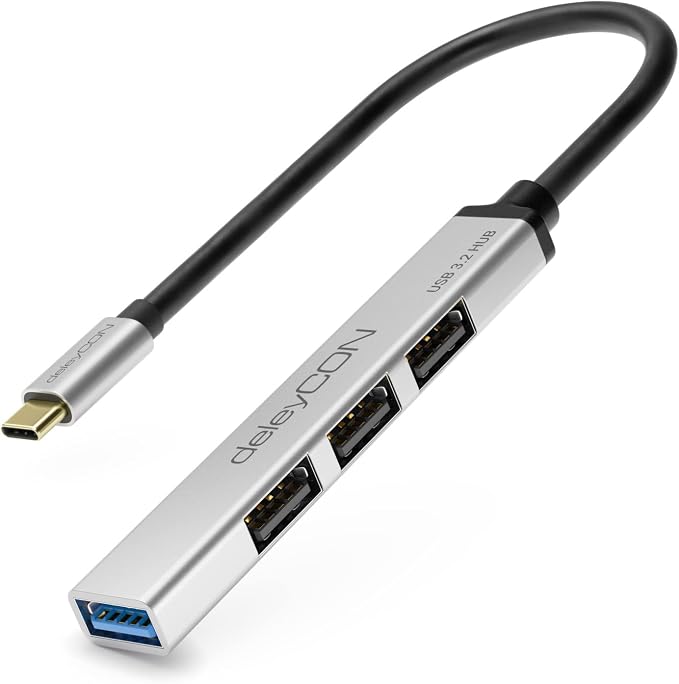 deleyCON USB C HUB 4 Porty Dystrybutor - (1x USB3.0 / 3x USB2.0) Aluminiowa Obudowa, 15cm, do PC, Laptop, Notebook, Macbook, iMac, iPad, iPhone, Galaxy, Smartfon, Tablet - Srebrny