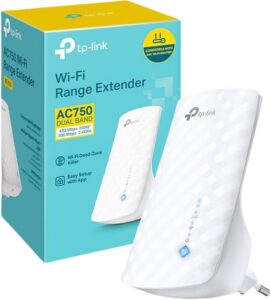 TP-Link RE190 – Wzmacniacz zasięgu Wi-Fi AC750, Dual Band 2.4GHz i 5GHz, wskaźnik sygnału, przycisk WPS, montaż naścienny – zwiększa zasięg Wi-Fi w domu
