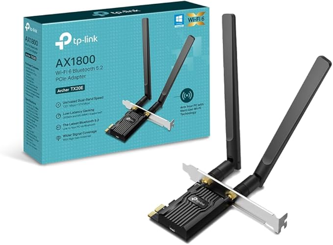 TP-Link Karta WiFi 6 PCIe AX1800 Archer TX20E, Bluetooth 5.2, adapter sieciowy bezprzewodowej z 2,4 GHz, 5 GHz, podwójne anteny o wysokim wzmocnieniu, WPA3, Windows 11/10