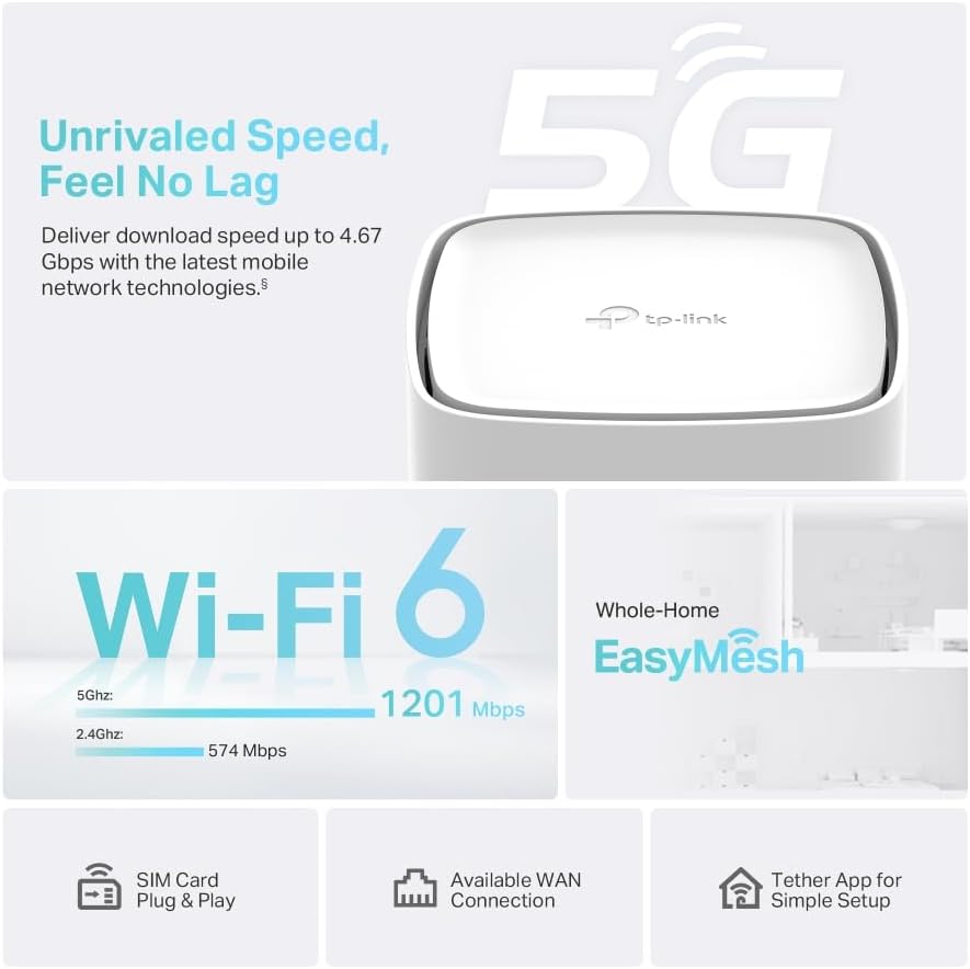 TP-Link Archer NX200 router 5G, Wi-Fi, 6 AX1800 Mb/s z kartą SIM, dwuzakresowy, Plug & Play, Gigabit port WAN/LAN, 4K-QAM, formowanie wiązki, 8 × 5 G/LTE, 2 × Wi-Fi Anteny wewnętrzne, EasyMesh, - obrazek 3