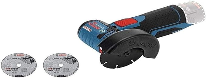 Bosch Professional system 12V: akumulatorowa szlifierka kątowa GWS 12V-76 (1 tarcza tnąca z węglików spiekanych, 2 tarcze tnące Inox, osłona)