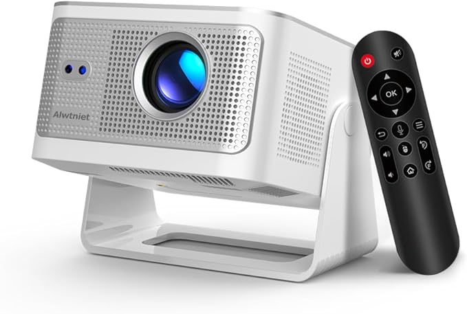 Alwtniet Projektor 4K 8K z wbudowanym [Natywne 1080P i aplikacja] Mini Projektor Przenośny WiFi 6 Bluetooth 5.4 Android 14 Autofocus/Unikanie przeszkód/6D Keystone Ultra Krótka ogniskowa Obrót 180°