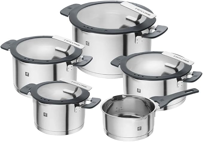 ZWILLING Simplify Edelstahl-Kochtopfset, 5-teilig, Mit integriertem Sieb im Deckel, Induktionsgeeignet, Silber-Schwarz | Funkcja nalewania, uchwyty Stay-Cool, stal nierdzewna