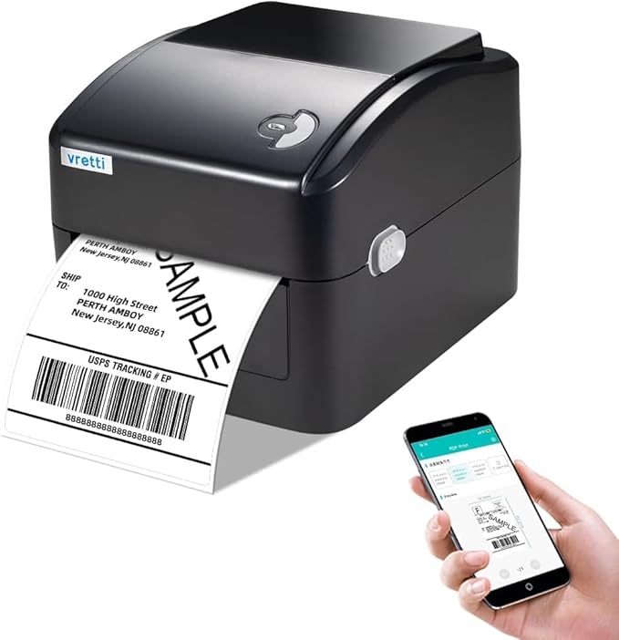 vretti Termiczna drukarka etykiet wysyłkowych Bluetooth, bezprzewodowa 4x6 | Do pakietów i małych firm domowych, kompatybilny z Colissimo i UPS, z papierem wewnętrznym, USB i Bluetooth