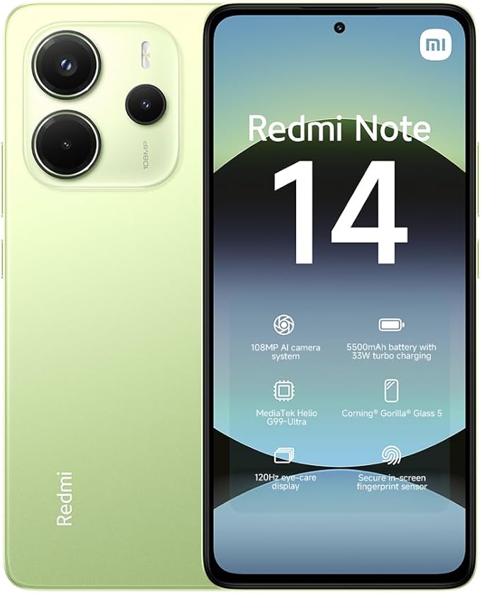 Xiaomi Smartfon Redmi Note 14, 6+128GB, zielony, system kamer 108 MP AI, bateria 5500 mAh, wyświetlacz 120 Hz, funkcje AI (bez ładowania w zestawie)