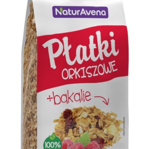 PŁATKI ORKISZOWE BŁYSKAWICZNE Z OWOCAMI TROPIKALNYMI, SŁONECZNIKIEM I MALINAMI 200 g - NATURAVENA
