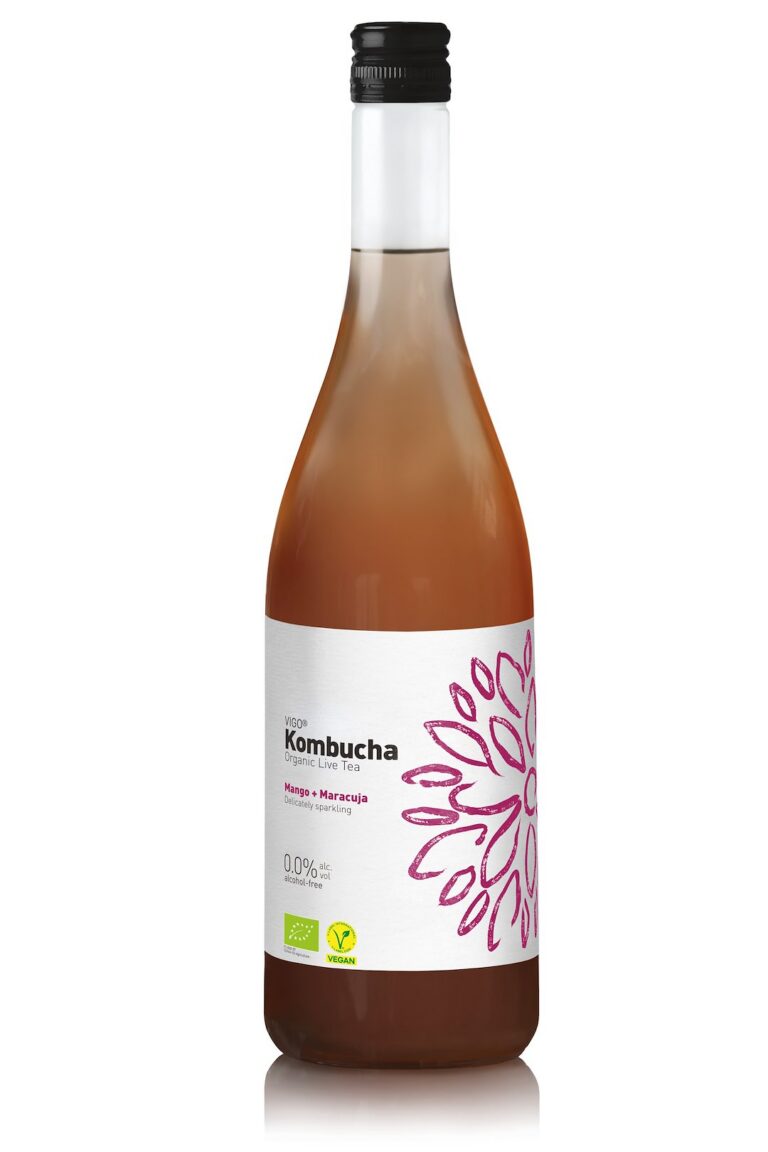 KOMBUCHA Z MANGO I MARAKUJĄ BEZGLUTENOWA BIO 750 ml – VIGO