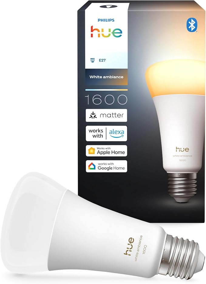 Żarówka Philips Hue Smart LED A67, White Ambiance, trzonek E27, 11,8 W, pełne spektrum światła 1000K–20000K, 1600 lumenów, przyciemnianie, działa z Alexa, Google Assistant i Apple Home, op. 1 szt.