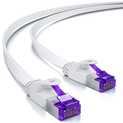 deleyCON 10m Płaski CAT7 Kabel Sieciowy (Cat 7 z 10 Gbit/s) Gigabit LAN - RJ45 Ethernet Patchkabel Kabel Instalacyjny Płaski - do Internet Switch Router Modem Patchpanel - Biały