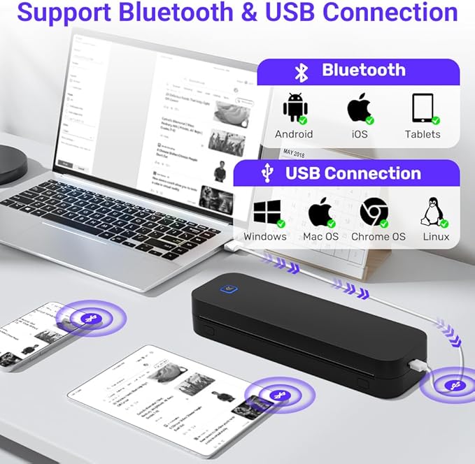 OFFCUP Drukarka mobilna A4 do użytku w podróży, termiczna drukarka Bluetooth A4, przenośna drukarka mała bez atramentu, kompatybilna z Androidem i iOS, drukarka podróżna obsługująca termopapier, do - obrazek 4