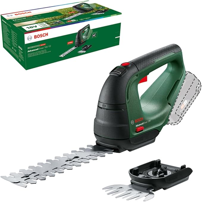 Nożyce do trawy Bosch AdvancedShear 18V-10 (bez akumulatora, system 18 V, ścinają do 85 m² po jednym naładowaniu akumulatora, z ostrzami do trawy i krzewów, w kartonowym opakowaniu)