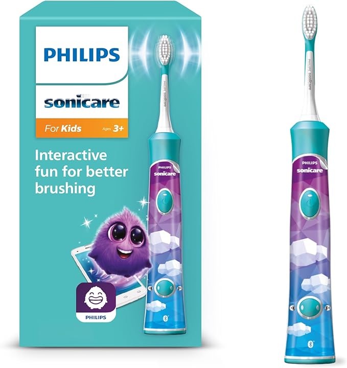 Philips Sonicare For Kids, elektryczna szczoteczka soniczna z aplikacją, dla dzieci w wieku od 3 lat, z funkcją SmarTimer i QuadPacer do dokładnego czyszczenia, kolor turkusowy, model HX6322/04