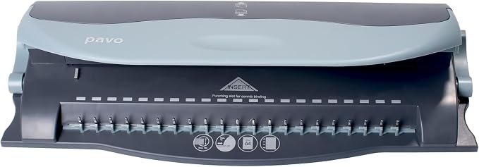 Pavo - Wielofunkcyjna bindownica do plastikowych grzebieni + Dziurkacz, Bindowanie do 100 kartek, Dziurkowanie 21/19 i 3/4, Srebrno/czarna - 8000012
