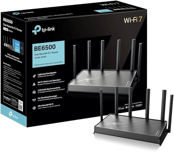 TP‑Link Archer BE400, Router Dwupasmowy Wi‑Fi 7 BE6500, 2×2,5 Gb/s (WAN + LAN), 3× Gb/s LAN, USB 3.0, 6 anten, MLO, Beamforming, OFDMA, MU‑MIMO, HomeShield, EasyMesh, Kolor: Czarny