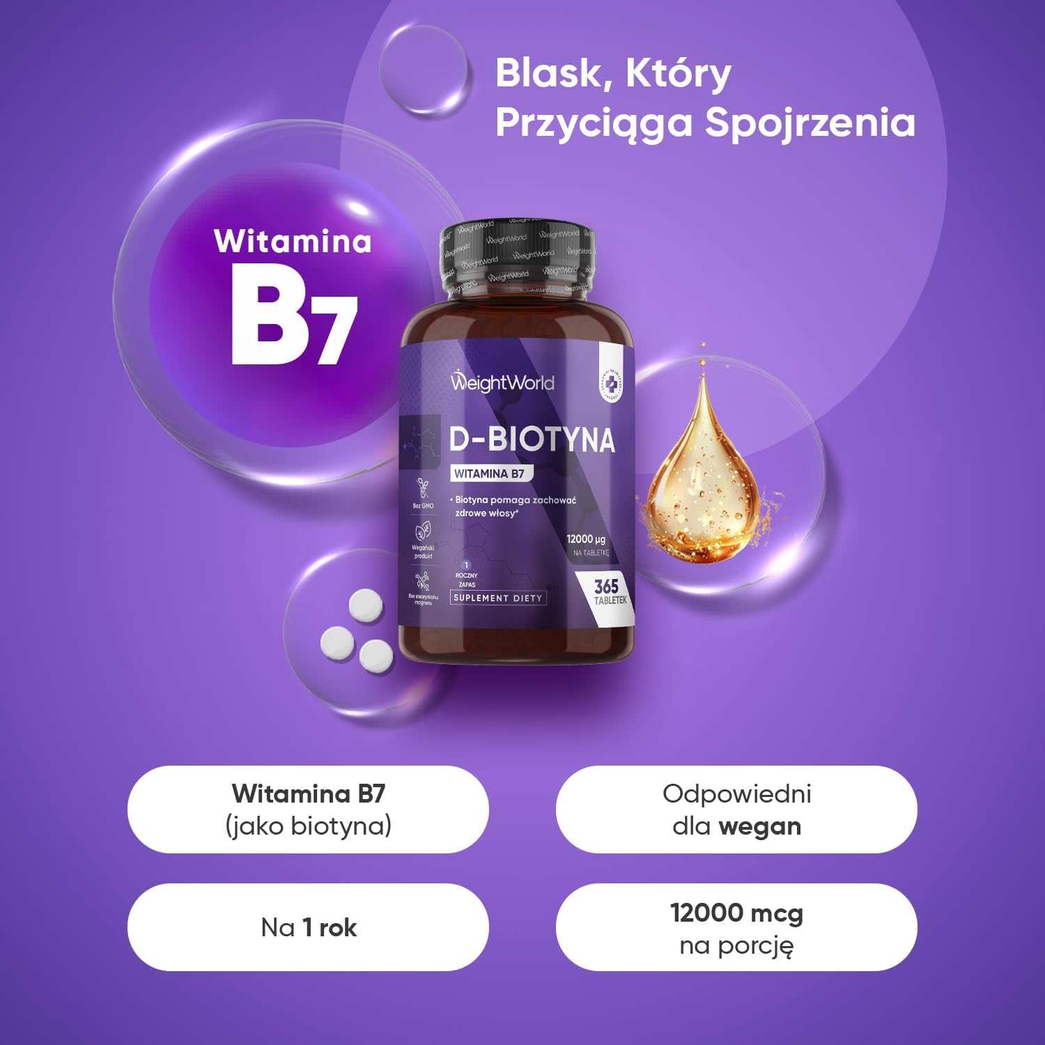 Biotyna 12 000 mcg 365 tabletek suplementu witaminy B7 dla kobiet - obrazek 3
