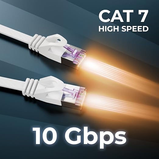 deleyCON 10m Płaski CAT7 Kabel Sieciowy (Cat 7 z 10 Gbit/s) Gigabit LAN - RJ45 Ethernet Patchkabel Kabel Instalacyjny Płaski - do Internet Switch Router Modem Patchpanel - Biały - obrazek 4