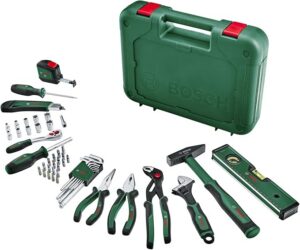 Bosch Home And Garden: 26-częściowy zestaw narzędzi z grzechotką ¼”, kombinerkami, wkrętakiem uniwersalnym, końcówkami wkręcającymi i innymi elementami