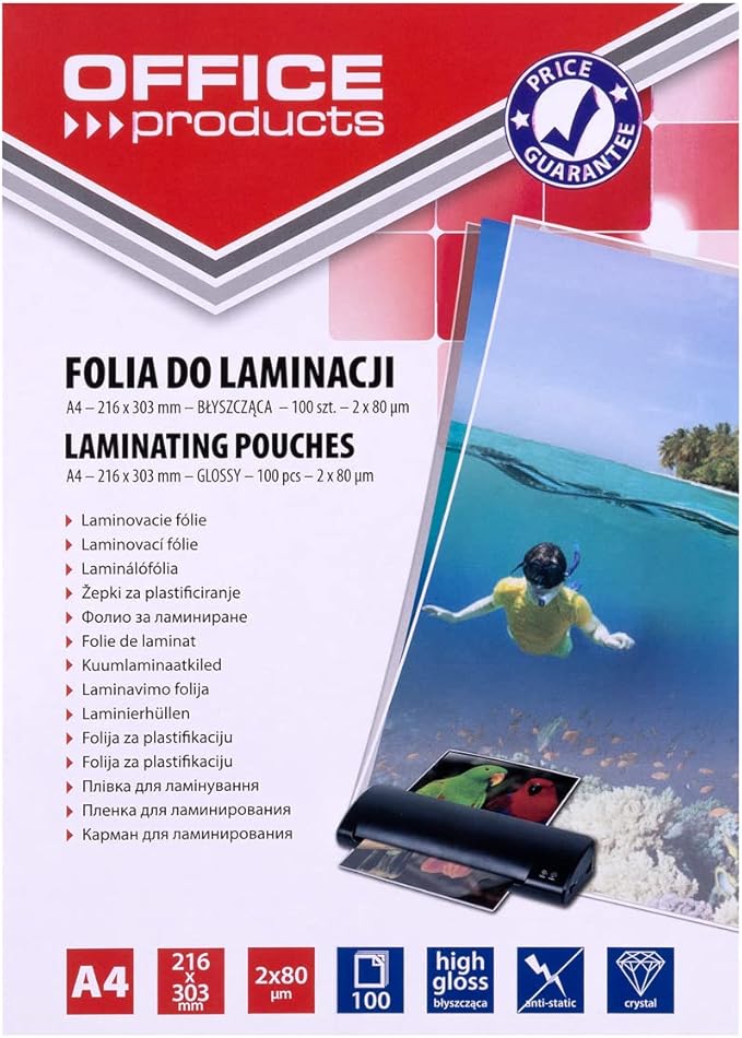 Folia do Laminowania OFFICE PRODUCTS A4 2x80mikr Błyszcząca 100szt Transparentna/Prezentacja/Typ-do Laminowania/Rodzaj-Błyszcząca/Materiał-Plastik/Kolor-Transparentny/Grubość (mm)-2x80µm
