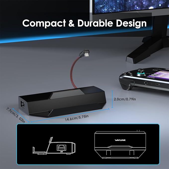 Stacja dokująca Steam Deck WAVLINK 6 w 1 do Steam Deck/ROG Ally/Legion Go z 4K przy 144 Hz HDMI 2.1, 100 W PD IN, 3 x 10G USB 3.2, Gigabit RJ45 | Moc wejściowa 100 W, Gigabit RJ45, 2 x USB-A 10 Gb/s, 1 x USB-C 10 Gb/s, kompatybilna z Steam Deck/ROG Ally - obrazek 7