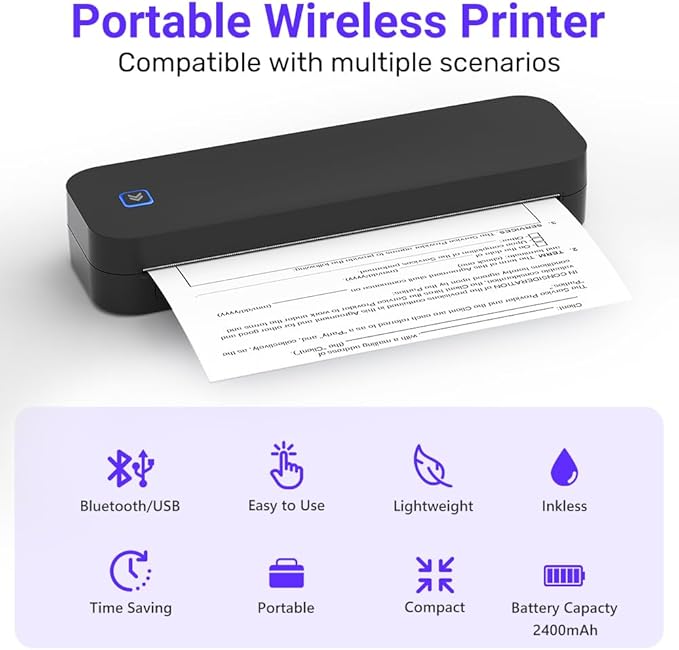 OFFCUP Drukarka mobilna A4 do użytku w podróży, termiczna drukarka Bluetooth A4, przenośna drukarka mała bez atramentu, kompatybilna z Androidem i iOS, drukarka podróżna obsługująca termopapier, do - obrazek 3