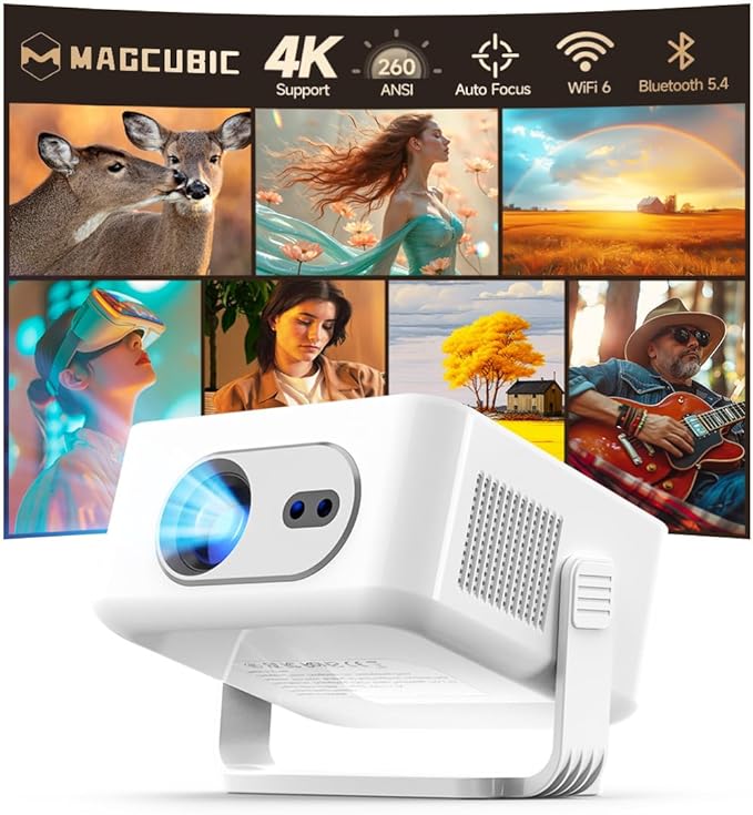 Magcubic Projektor, HY300max Mini projektor 4K i 8K z podwójnym zakresem WiFi 6 BT 5.4, 260 ANSI obsługuje autofokus i korekcję trapezu, nadaje się do projektora kina domowego | Przenośny projektor kompatybilny z automatyczną korekcją keystone 4K do kina domowego, biura i na kempingu
