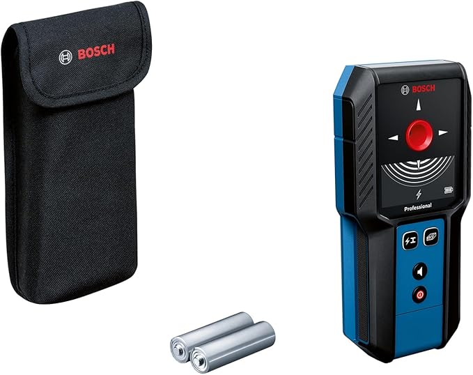 Bosch Professional: detektor GMS 120-27(przewód USB-C, maks. głębokość detekcji metali niemagnetycznych/metali magnetycznych/przewodów pod napięciem/drewna: 120/100/50/30 mm, 2 baterie AA, pokrowiec)