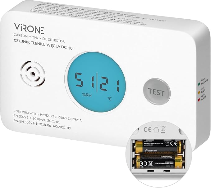 Virone Czujnik Czadu na Baterie Czytelny Wyświetlacz LCD Detektor Tlenku Węgla Niezawodna 10-letnia Żywotność Certyfikat TÜV IP20