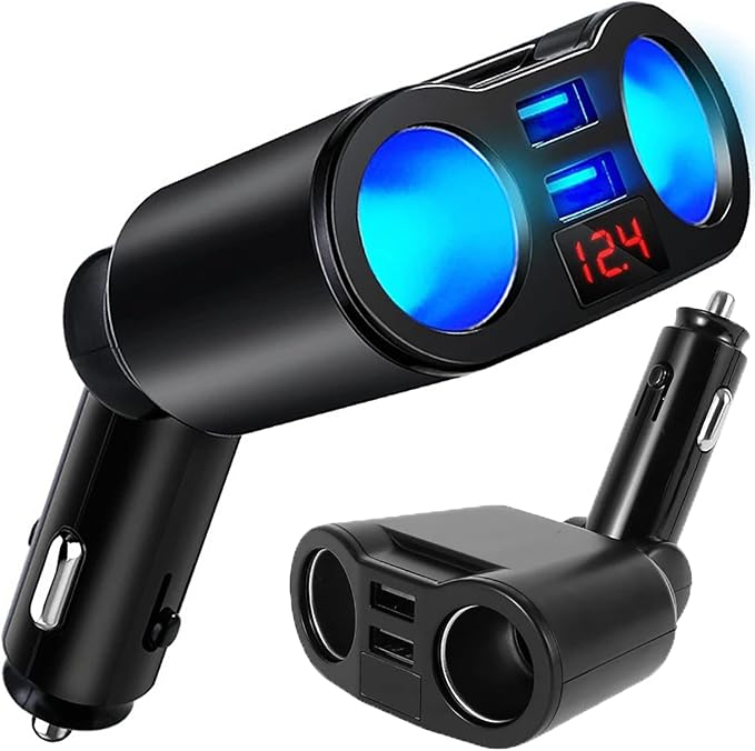 Retoo Rozdzielacz zapalniczki samochodowej 12/24 V, 100 W, 2 USB | 2 gniazda zapalniczki, ładowanie 3,1 A, obrót 110°, woltomierz, ABS, wyjście USB 4,5-5 V, 130 x 75 mm
