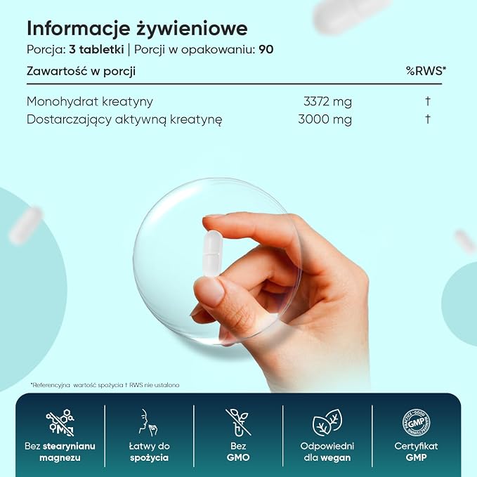 Monohydrat kreatyny 3000 mg 270 wegańskich tabletek kreatyny - obrazek 3