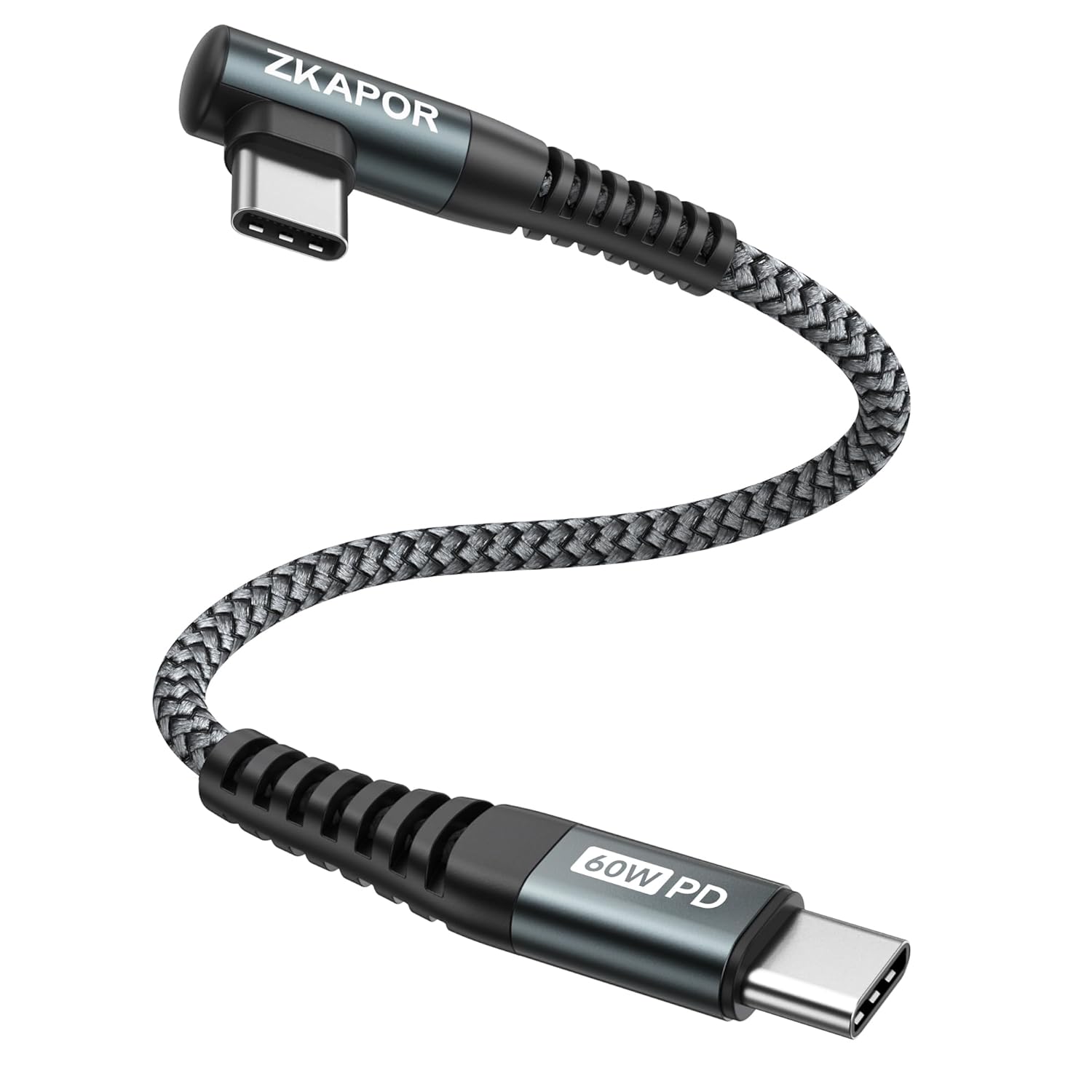 ZKAPOR Krótki kabel USB C na USB C, 30 cm kabel typu C do typu C | kąt prosty 60 W szybkie ładowanie do iPhone'a 15/15 Pro Max, Samsung Galaxy S23, Pad Pro, Air, Huawei P40 / Mate 60, Pixel - obrazek 2