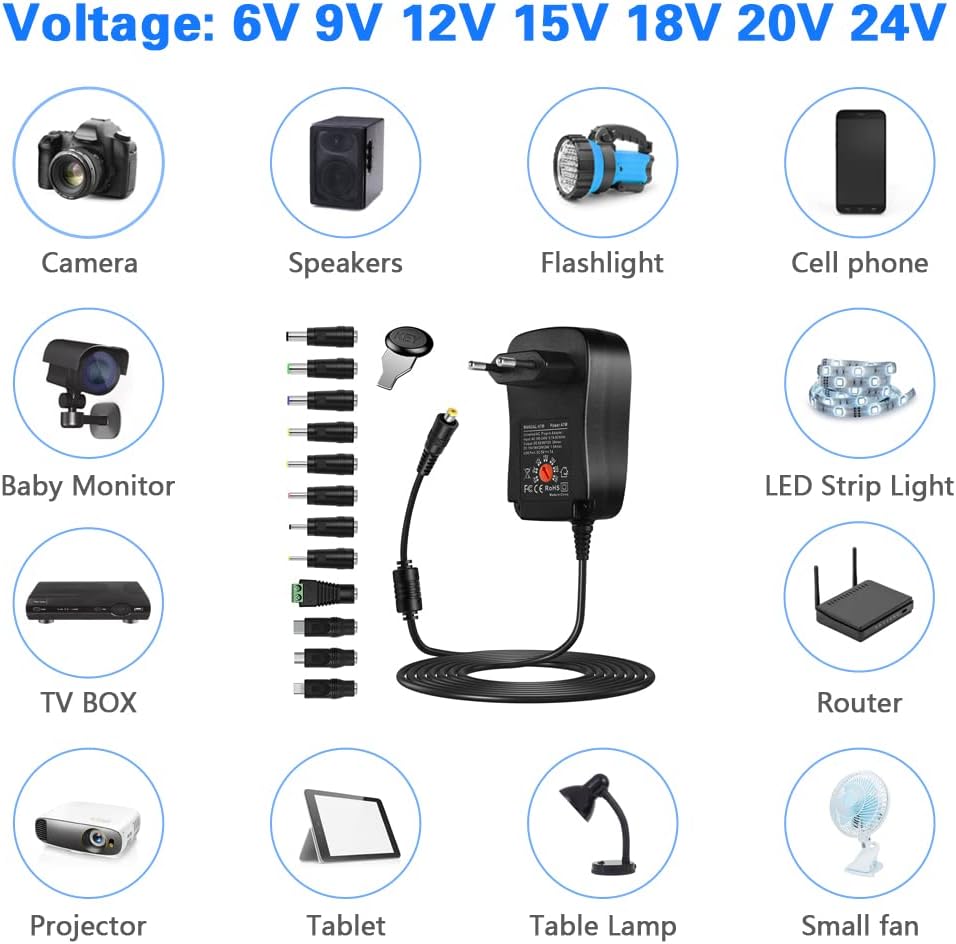 AXFEE Uniwersalna ładowarka 41W z 12 końcówkami, zasilacz 6V 9V 12V 15 V 18 V 20 V 24 V do PC, laptopa, routera, drukarki, skanera, faksów, TFT - obrazek 6