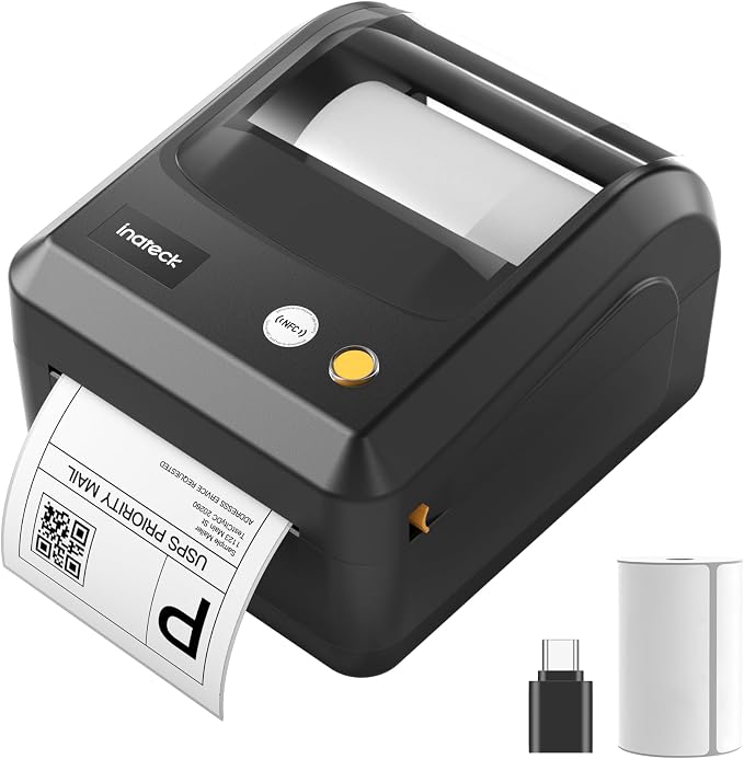 Inateck Drukarka etykiet Bluetooth, DHL drukarka etykiet 4 x 6, drukarka termiczna do etykiet kodów kreskowych, Amazon, Etsy, Shopify, DHL, FedEx, UPS itp., z etykietami, czarna, PR50