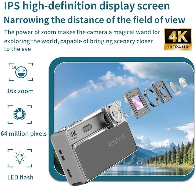 Przesuwny aparat cyfrowy 64 MP, 16-krotny zoom cyfrowy, do ekranu HD 2,8 cala, wideo 4K, metalowy korpus do podróży i vlogowania (różowy + 32 g) - obrazek 5